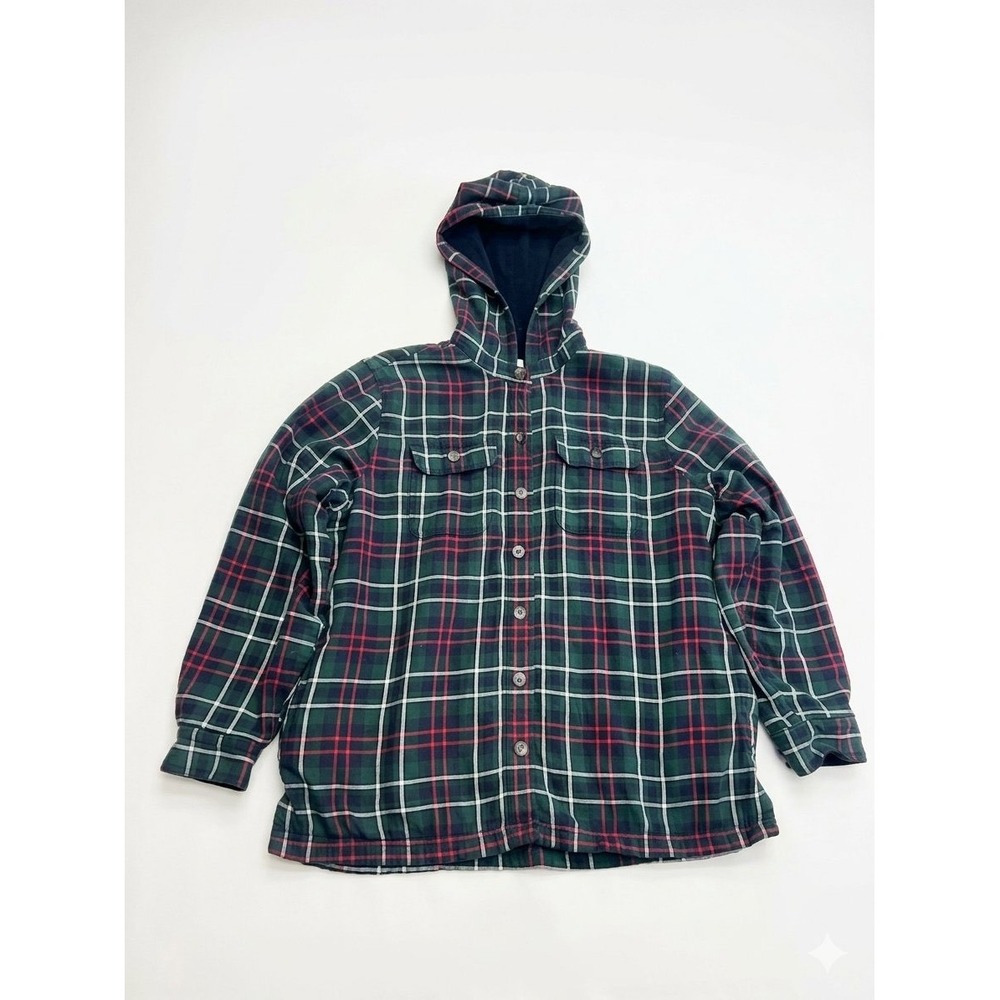 L.L. Bean Flannel Shirt Jacket Women Small Petite Green Plaid Fleece Lined